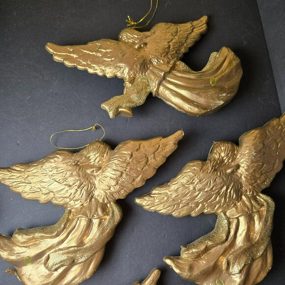 Set Of 5 Gold Angel Ornaments Large Vintage Holiday Hanging Decorations Glitter - Picture 7 of 8